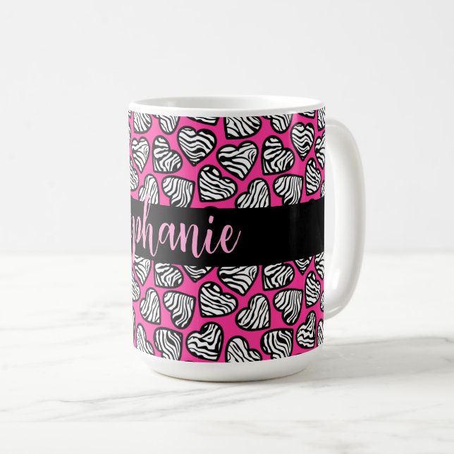 Mug Coeurs zèbres noirs et blancs roses avec nom (Devant droit)
