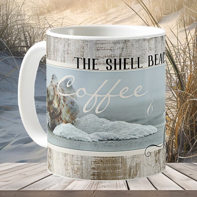 Mug Coffee and Kisses Shell Beach (Mug featuring beautiful shells on a weathered wood background. Beautiful for a beach house)