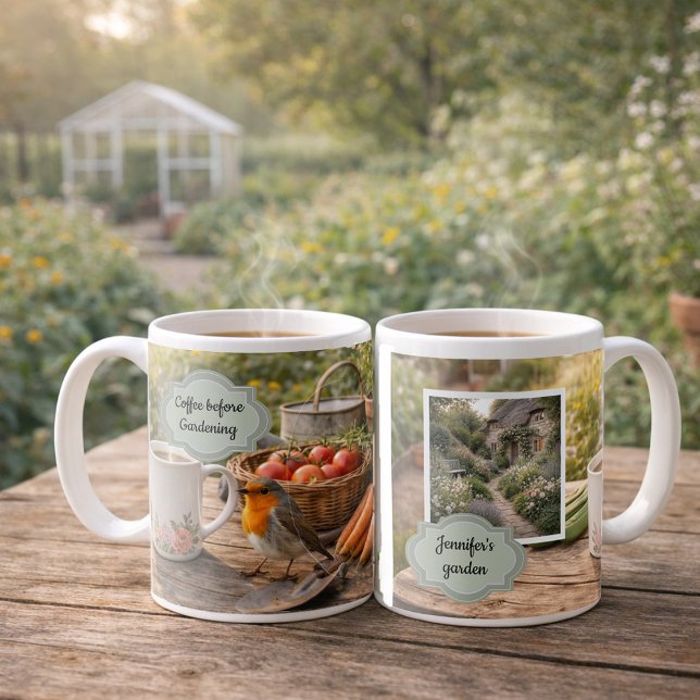 Mug Coffee before gardening robin morning garden photo (Coffee before gardening robin morning garden photo mug. You can add your own photo, name and text.)
