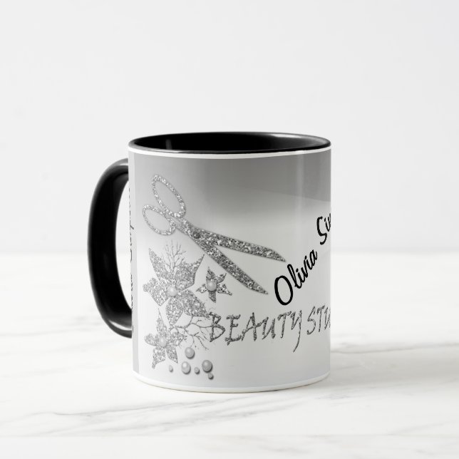 Mug Coiffeur Paillettes Ciseaux Brillants Fleurs Beaut (Devant gauche)