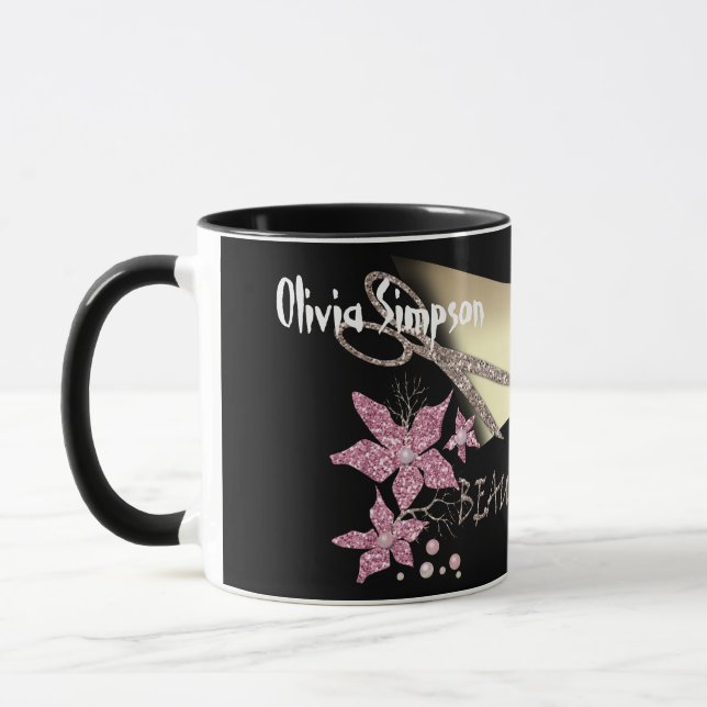 Mug Coiffeur Paillettes Ciseaux Brillants Fleurs Beaut (Gauche)
