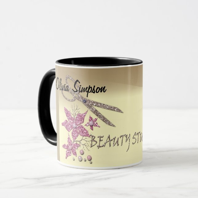 Mug Coiffeur Paillettes Ciseaux Brillants Fleurs Beaut (Devant gauche)