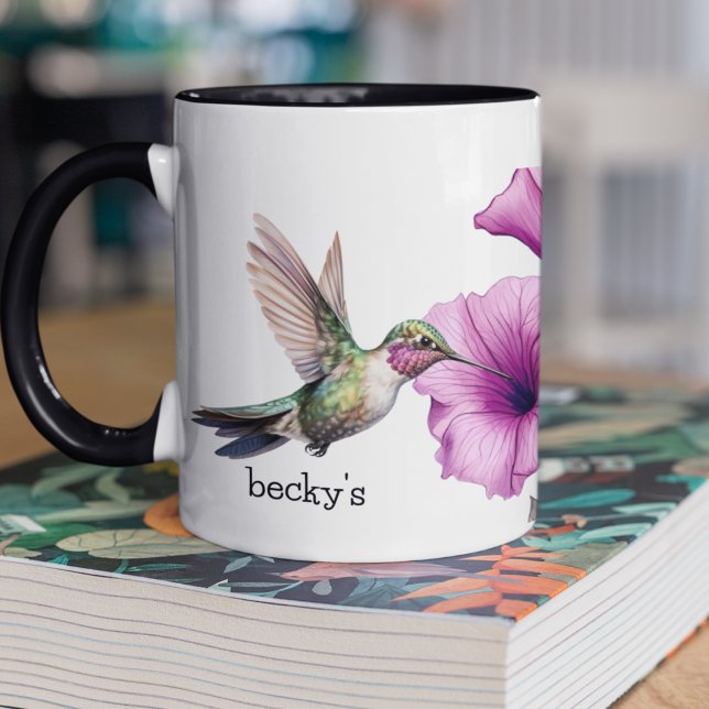Mug Colibri à fleurs pourpres (Personalize this two tone coffee mug with hummingbird and purple and pink flowers as a gift. )