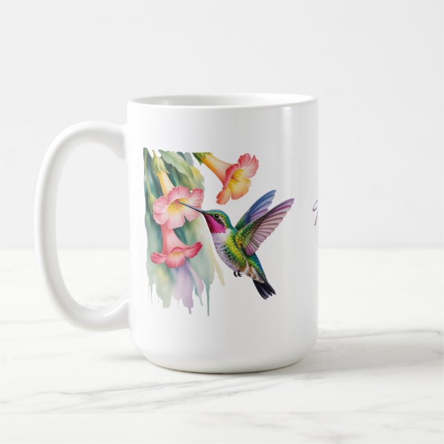 Mug Colibri à l'aquarelle avec fleurs (Gauche)
