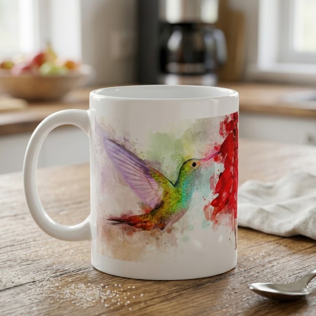 Mug Colibri à l'aquarelle se nourrissant de fleur roug (Watercolor Hummingbird Feeding on Red Flower. Coffee Mug)