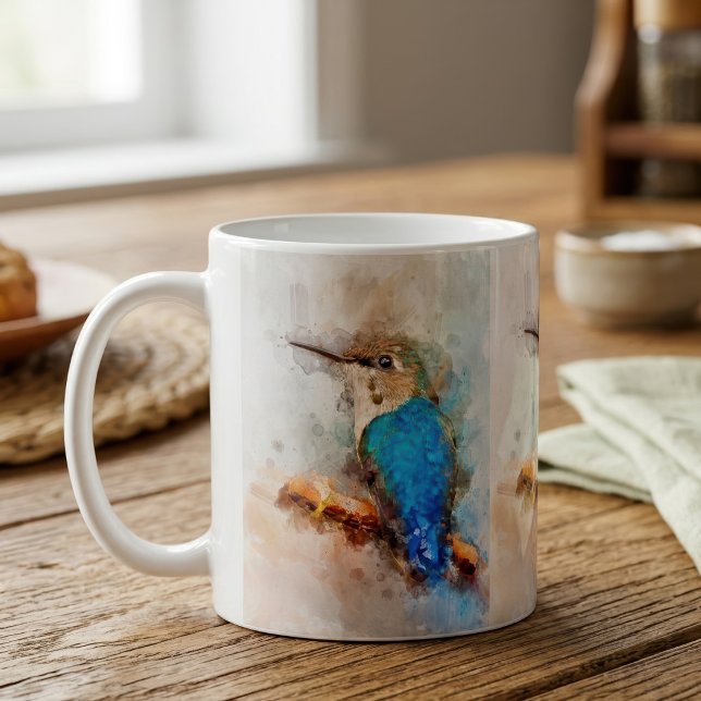 Mug Colibri aquarelle vibrant oiseau sur une branche (Vibrant Watercolor Hummingbird Bird on a branch. Coffee Mug)