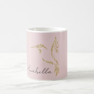 Mug Colibri Pailleté Or & Nom Personnalisé sur Rose