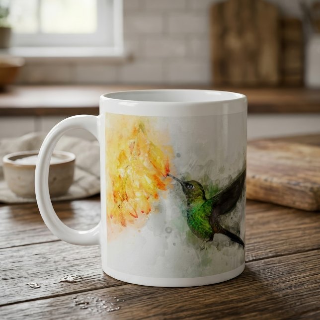 Mug Colibri vibrant et aquarelle florale jaune (Vibrant Hummingbird and Yellow Floral Watercolor. Coffee Mug)
