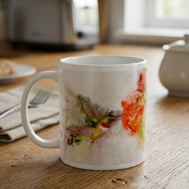 Mug Colibri volant avec fleur Aquarelle - 05 (Watercolor Hummingbird Feeding on Vibrant Flower. Coffee Mug)