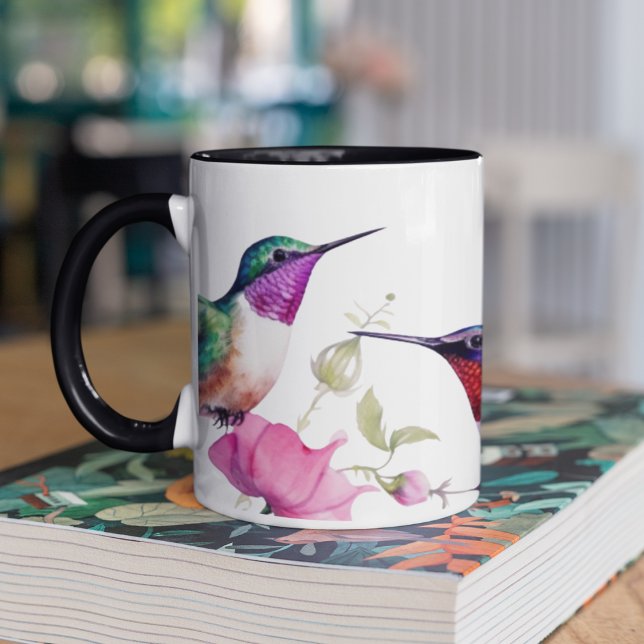 Mug Colibris de printemps et fleurs de couleurs vives (Colorful hummingbirds with flowers on two toned mug for hummingbird lovers. )