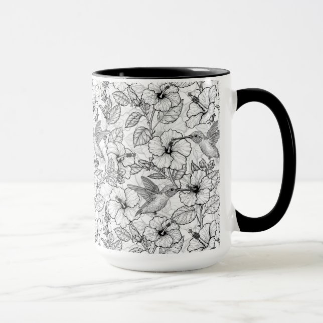 Mug Colibris et fleurs d'hibiscus b&w (Droite)