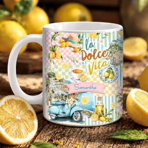 Mug Collage Citron Turquoise Rose Méditerranéen