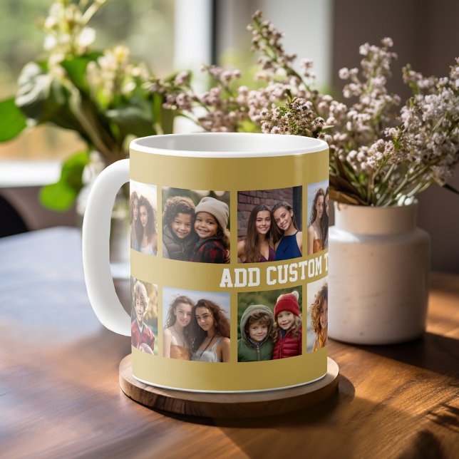 Mug Collage de 12 photos avec fond doré (Photo mug with personalized text - makes a great gift!)