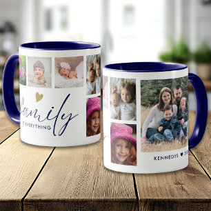 Mug Collage de 6 photos de famille personnalisé bleu e