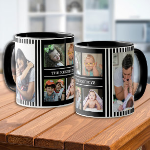 Mug Collage de 6 photos moderne Nom de famille Rayures