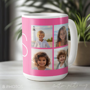 Mug Collage de 8 photos de monogramme rose vif féminin