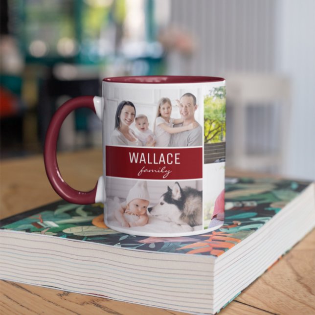 Mug Collage de famille moderne multi-photo rouge borde (Customizable, modern, red white two tone family collage mug.)