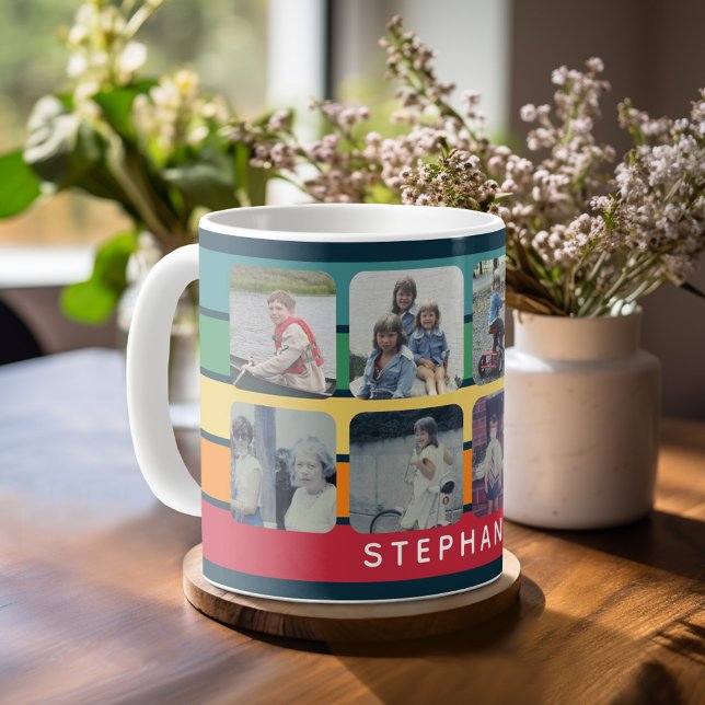 Mug Collage de photos avec 8 photos rayures rétro colo (Mug template with 8 photos and a Retro Stripe Pattern)