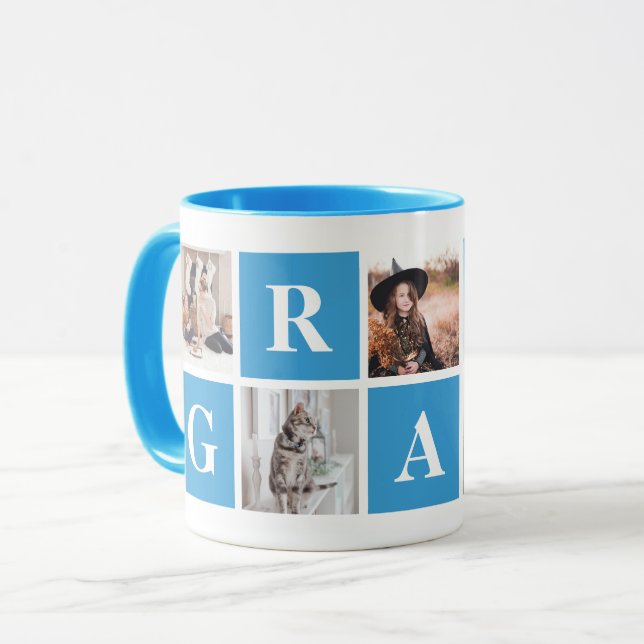 Mug Collage de photos bleues personnalisées pour grand (Devant gauche)