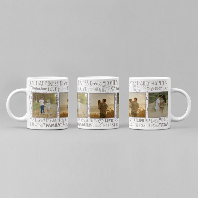 Mug Collage de photos d'amour de famille personnalisé  (Custom family photo collage mug with love typography pattern and personalized picture memories.)
