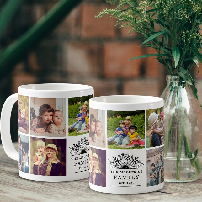 Mug Collage de photos de famille Fleur rustique noir e (Créateur téléchargé)