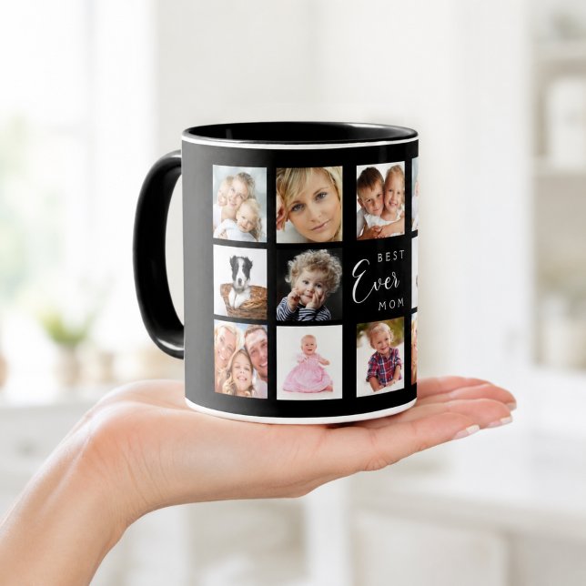 Mug Collage de photos de mère noir blanc (Créateur téléchargé)