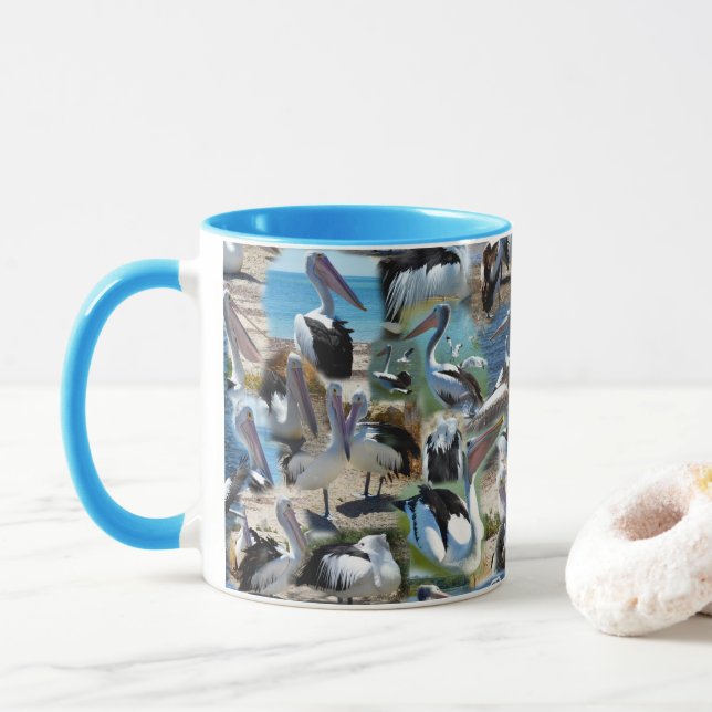 Mug Collage de photos de pélicans, bleu (Avec donut)