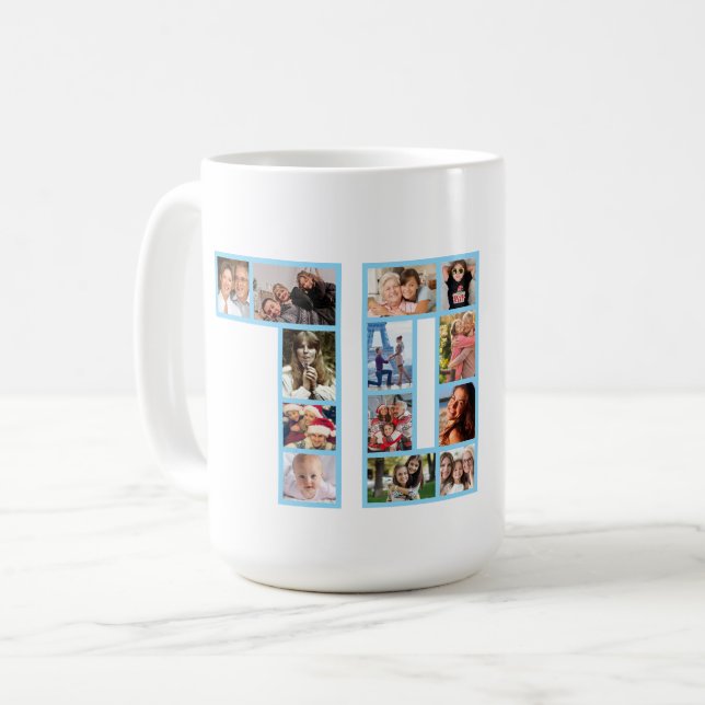 Mug Collage de photos pour le 70e anniversaire Bleu  (Devant gauche)