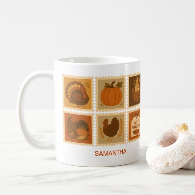 Mug Collage de timbre de Thanksgiving Retro Personnali (Avec donut)