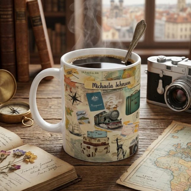 Mug Collage de voyage vintage nom et citation (Créateur téléchargé)