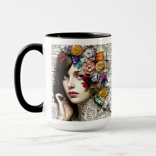Mug Collage | Jolie fille avec des fleurs dans ses che (Gauche)