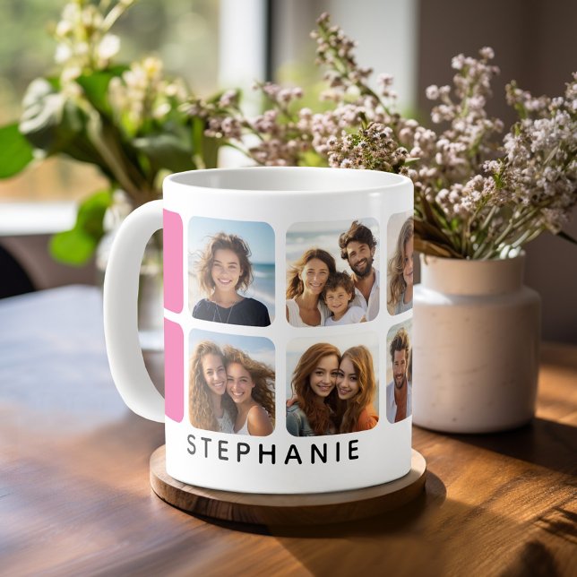 Mug Collage photo avec 8 photos et accents Hot Pink (Personalized mug with 8 photos)