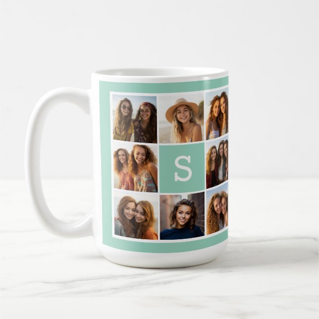 Mug Collage photo avec monogramme en blanc et menthe (Gauche)