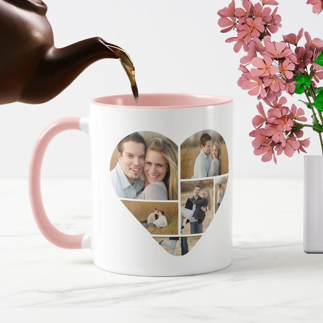 Mug Collage photo cœur d'amour personnalisé rose migno (Custom photo collage mug)