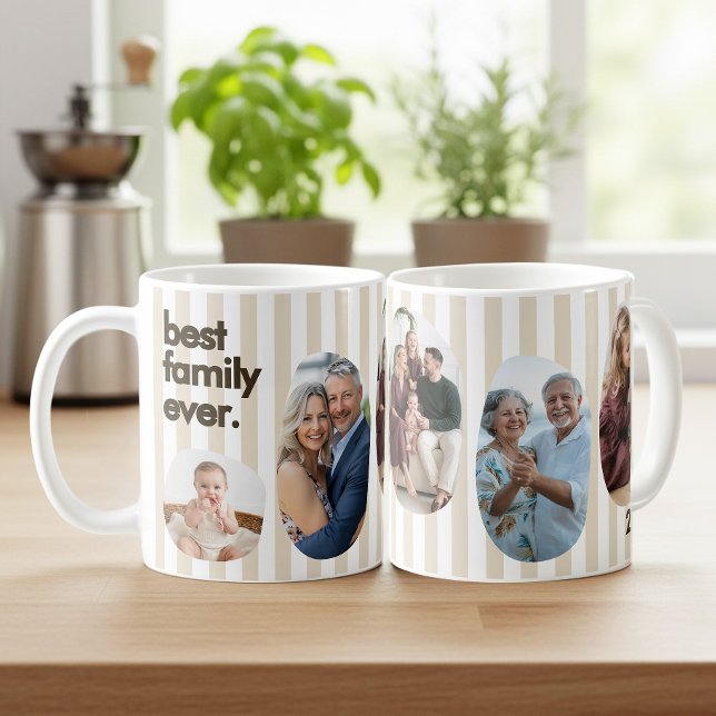 Mug Collage photo de famille moderne avec rayures beig (Best Family Ever 5 custom photos, neutral beige striped mug by Darling & May)