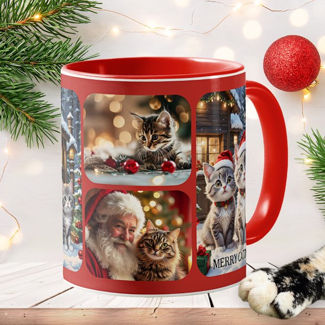 Mug Collage photo de Joyeux Cat Noël Noël (Mug featuring a collage of cats in a festive Christmas scene. Great as a gift for a crazy cat lady!)