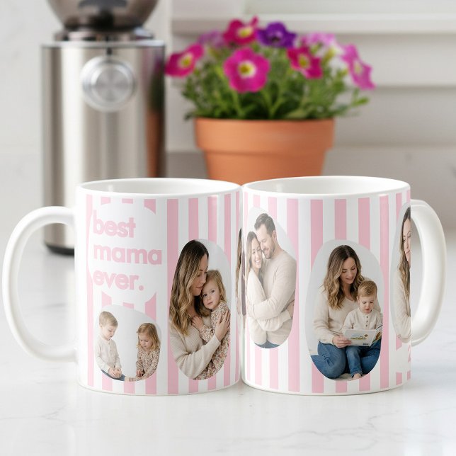 Mug Collage photo de la meilleure maman avec rayures r (Best Mama Ever 5 custom photos, pink striped mug by Darling & May)