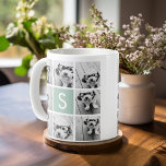Mug Collage photo de menthe et blanc avec Monogramme<br><div class="desc">Vous pouvez utiliser des photos Instagram pour cette conception. Utilisez 8 photos carrés pour créer un cadeau unique et personnel. Ou vous pouvez garder le chiot hipster et faire un gardien branché. Si vous avez besoin d'ajuster les images,  cliquez sur l'outil personnaliser pour apporter des modifications.</div>