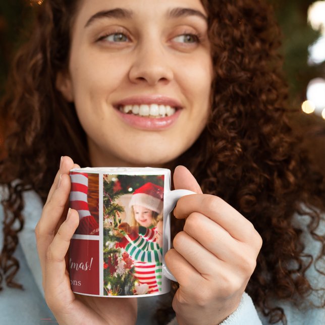 Mug Collage photo de Noël 5 avec nom de famille, rouge (Créateur téléchargé)