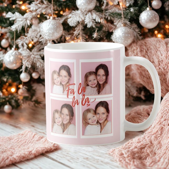 Mug Collage photo de Noël moderne rose | Fa La La (Créateur téléchargé)
