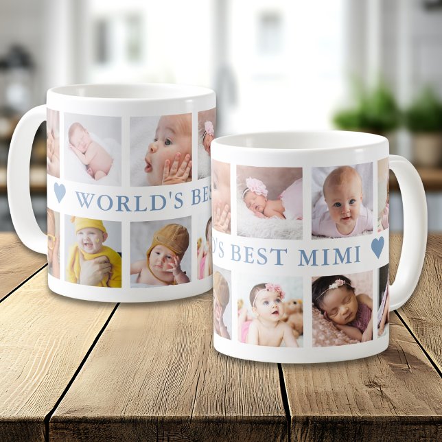 Mug Collage photo moderne 12 Bleu Meilleure Mimi du Mo (Créateur téléchargé)