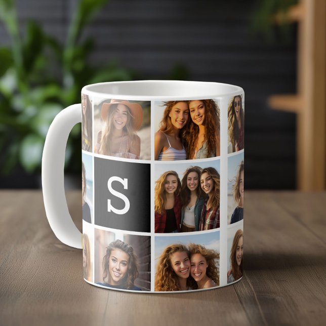 Mug Collage photo noir et blanc Monogramme personnalis (Custom Photo Mug)
