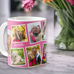 Mug Collage photo personnalisé 10 rose<br><div class="desc">Photo Mug personnalisée avec votre nom et 10 de vos photos préférées. Le modèle photo est configuré pour créer le collage photo avec vos photos dans un mélange de carré / instagram et format portrait. Vous pouvez également ajouter votre nom, qui est imprimé sur les deux côtés dans une typographie...</div>