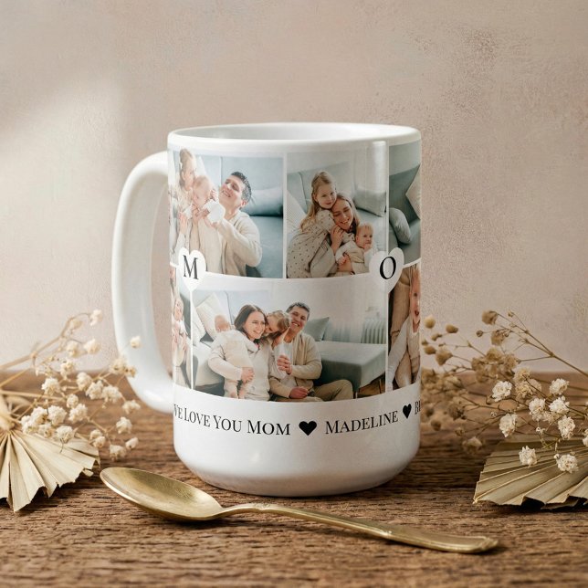 Mug Collage photo personnalisé "Nous t'aimons Maman" e (Personalized We Love You Mom Heart Photo Collage Coffee Mug)