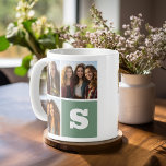Mug Collage photo tendance avec Monogramme vert<br><div class="desc">Utilisez 3 photos carrés pour créer un cadeau unique et personnel. Ajoutez un gros monogramme et faites une tasse personnalisée. Si vous avez besoin d'ajuster les images,  cliquez sur l'outil personnaliser pour apporter des modifications.</div>