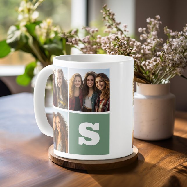 Mug Collage photo tendance avec Monogramme vert (Personalized Coffee Mug)