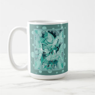 Mug Colombe avec texte de paix celtique en tons aqua