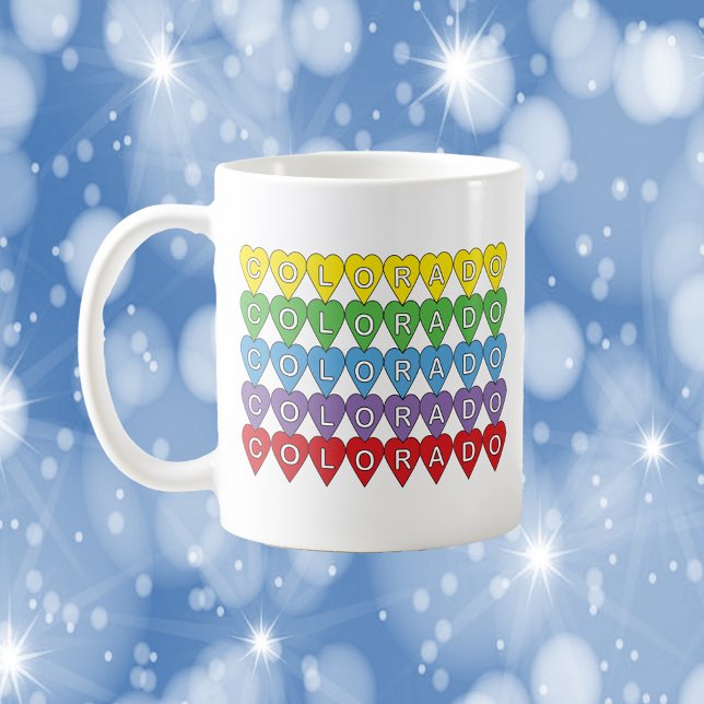 Mug Colorado Colorful Hearts Motif (A mug with the word Colorado in yellow, green, blue, purple and red hearts)