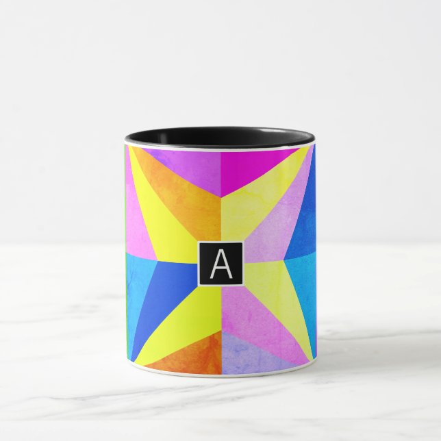 Mug Coloré Moderne Géométrique Multicolore | Monogramm (Centre)