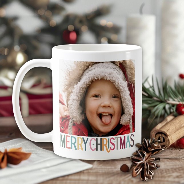 Mug Coloré Retro Joyeux Noël Étoiles Photo (Créateur téléchargé)